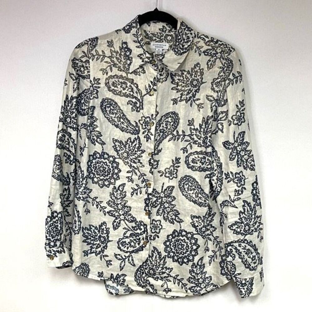 Charter Club Linen Top Womens Medium Multicolor Floral Paisley Print Button-Down